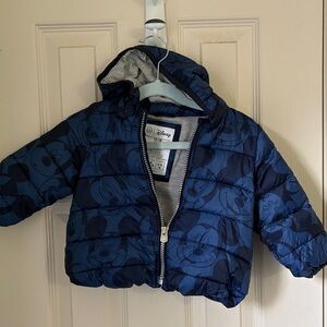 GAP Kids Navy and Dark Blue Mickey Print Hooded Puffer Jacket
